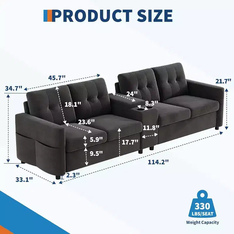 Canapé modulaire sectionnel 4 places en velours de 292 cm compact avec console de rangement, station de charge et porte-gobelets, canapé à assise profonde pour la maison