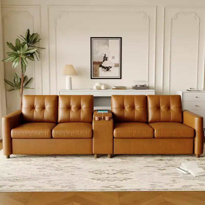 Canapé modulaire sectionnel 4 places en velours de 292 cm compact avec console de rangement, station de charge et porte-gobelets, canapé à assise profonde pour la maison
