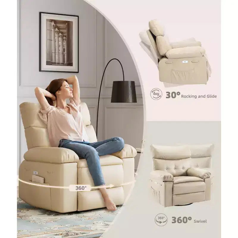 Fauteuil de massage et relaxant chauffant extra-large, pivotant à 360°, avec télécommande, porte-gobelet et poches latérales, design ergonomique.