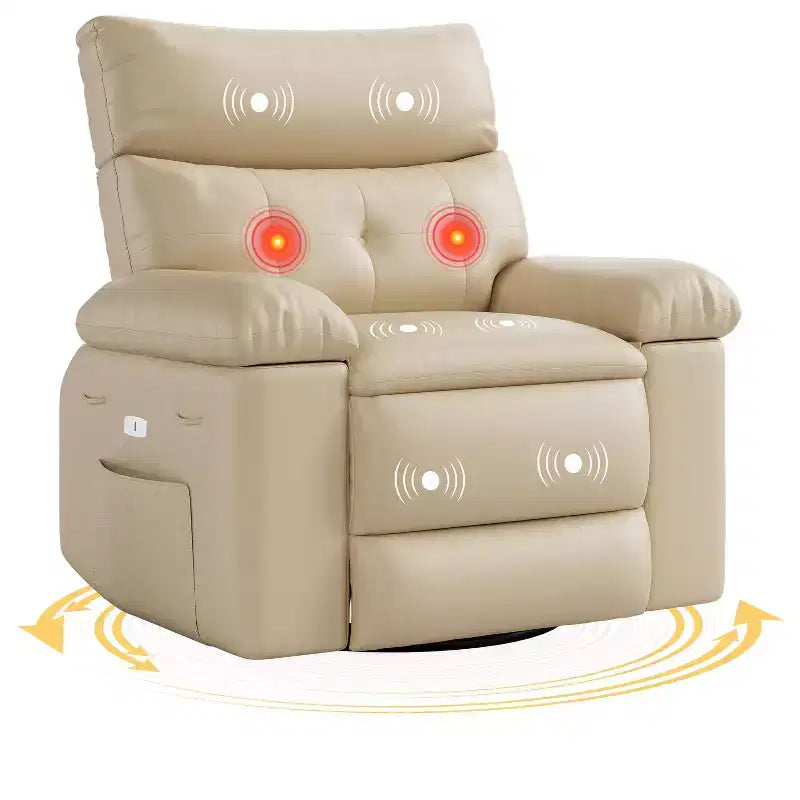 Fauteuil de massage et relaxant chauffant extra-large, pivotant à 360°, avec télécommande, porte-gobelet et poches latérales, design ergonomique.
