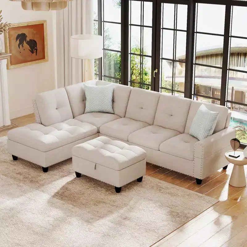 Canapé d'angle Costway 98 avec pouf de rangement mobile, tissu lin, dossier, sièges et porte-gobelets, beige/gris foncé
