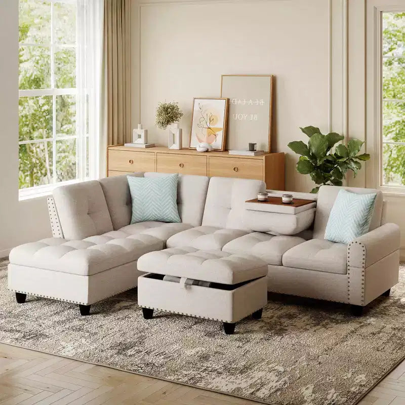 Canapé d'angle Costway 98 avec pouf de rangement mobile, tissu lin, dossier, sièges et porte-gobelets, beige/gris foncé