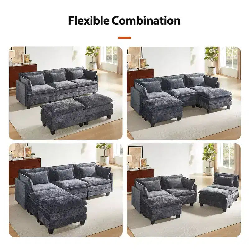 Canapé modulaire segmenté en chenille grise moderne, canapé d'angle à combinaison réglable, meubles de salon à combinaison flexible, bleu