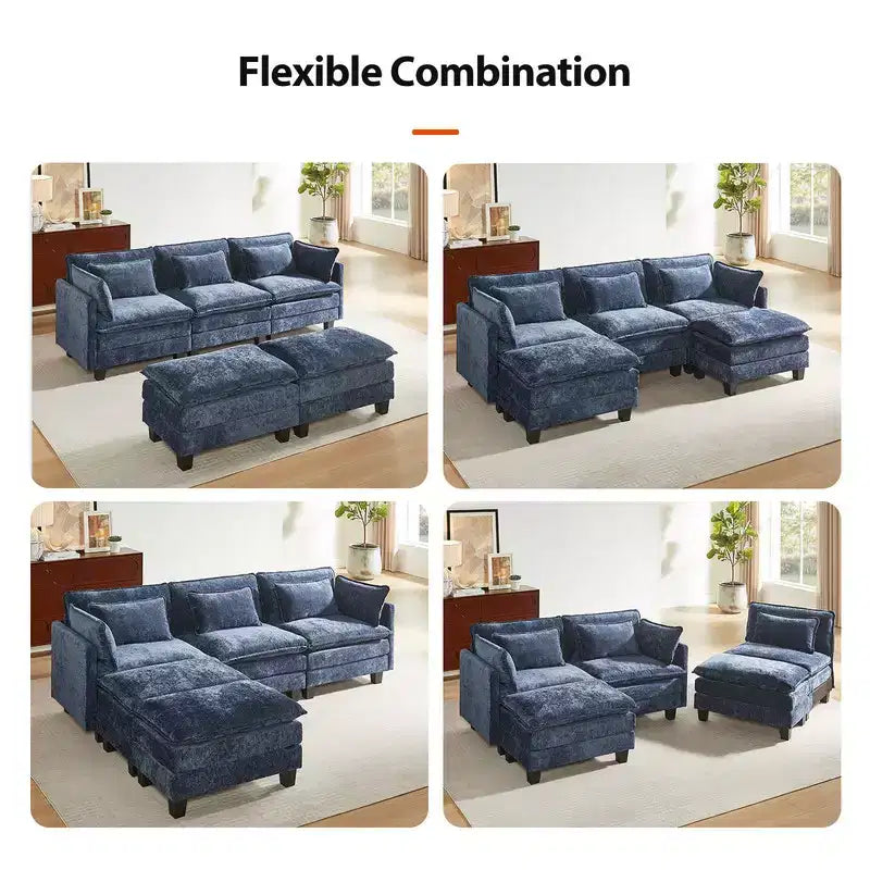 Canapé modulaire segmenté en chenille grise moderne, canapé d'angle à combinaison réglable, meubles de salon à combinaison flexible, bleu