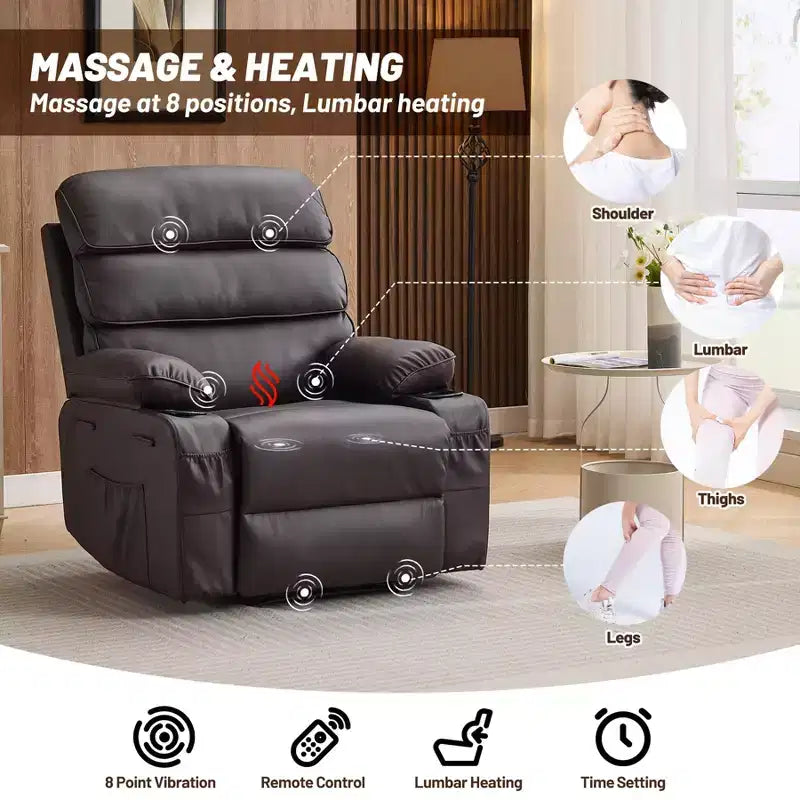 Fauteuil inclinable extra large en cuir PU pour adultes avec massage et chaleur, porte-gobelet, poches latérales, confort moelleux pour le salon et la chambre à coucher