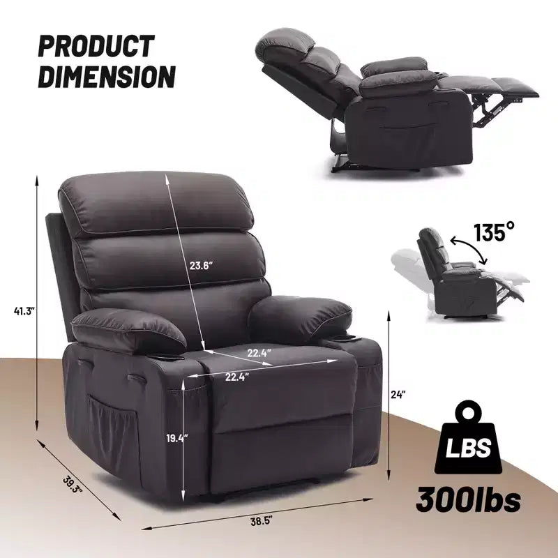 Fauteuil inclinable extra large en cuir PU pour adultes avec massage et chaleur, porte-gobelet, poches latérales, confort moelleux pour le salon et la chambre à coucher