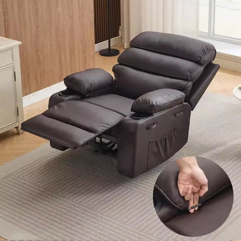 Fauteuil inclinable extra large en cuir PU pour adultes avec massage et chaleur, porte-gobelet, poches latérales, confort moelleux pour le salon et la chambre à coucher