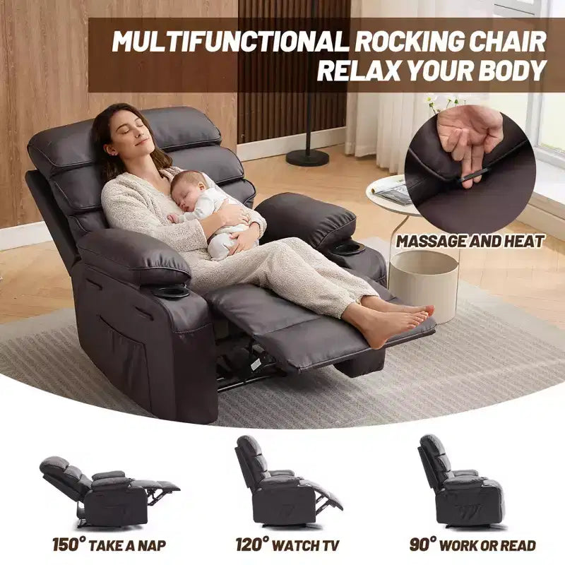 Fauteuil inclinable extra large en cuir PU pour adultes avec massage et chaleur, porte-gobelet, poches latérales, confort moelleux pour le salon et la chambre à coucher