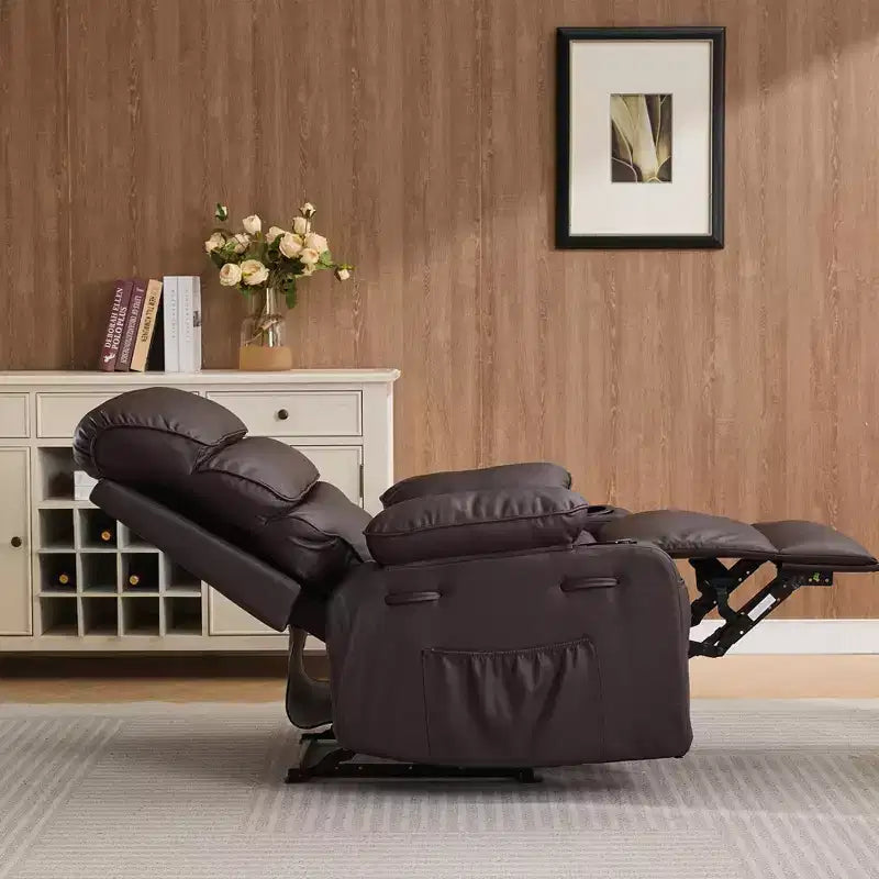 Fauteuil inclinable extra large en cuir PU pour adultes avec massage et chaleur, porte-gobelet, poches latérales, confort moelleux pour le salon et la chambre à coucher