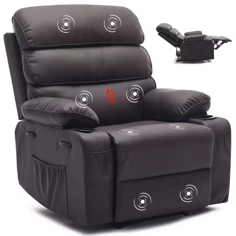 Fauteuil inclinable extra large en cuir PU pour adultes avec massage et chaleur, porte-gobelet, poches latérales, confort moelleux pour le salon et la chambre à coucher