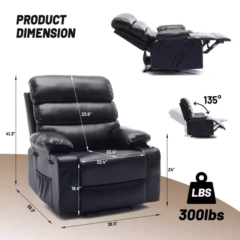 Fauteuil inclinable extra large en cuir PU pour adultes avec massage et chaleur, porte-gobelet, poches latérales, confort moelleux pour le salon et la chambre à coucher