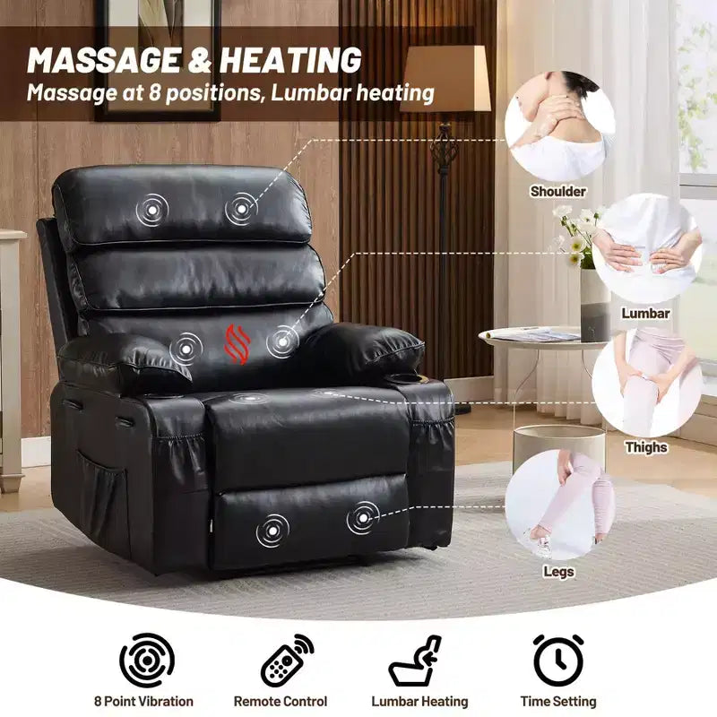Fauteuil inclinable extra large en cuir PU pour adultes avec massage et chaleur, porte-gobelet, poches latérales, confort moelleux pour le salon et la chambre à coucher