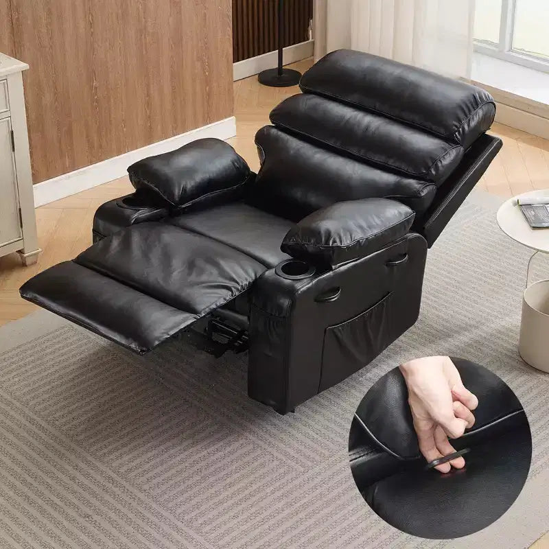 Fauteuil inclinable extra large en cuir PU pour adultes avec massage et chaleur, porte-gobelet, poches latérales, confort moelleux pour le salon et la chambre à coucher