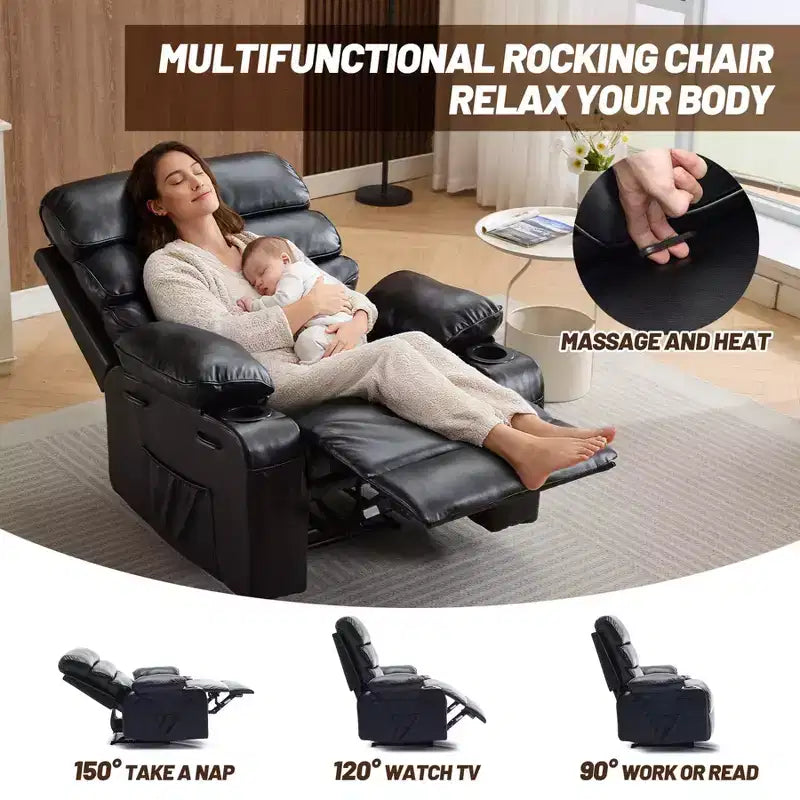 Fauteuil inclinable extra large en cuir PU pour adultes avec massage et chaleur, porte-gobelet, poches latérales, confort moelleux pour le salon et la chambre à coucher