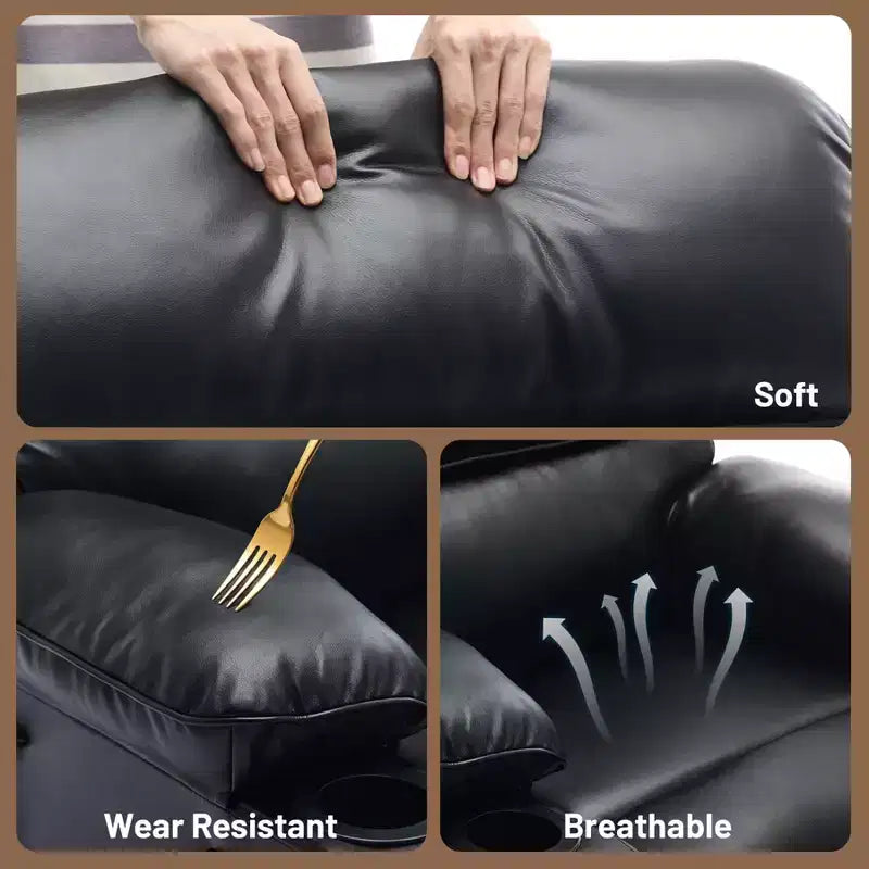 Fauteuil inclinable extra large en cuir PU pour adultes avec massage et chaleur, porte-gobelet, poches latérales, confort moelleux pour le salon et la chambre à coucher