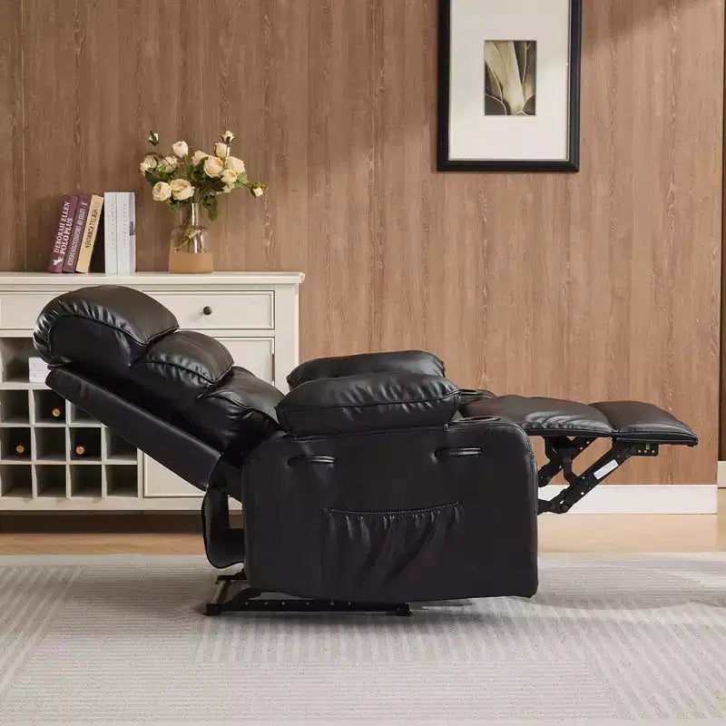 Fauteuil inclinable extra large en cuir PU pour adultes avec massage et chaleur, porte-gobelet, poches latérales, confort moelleux pour le salon et la chambre à coucher