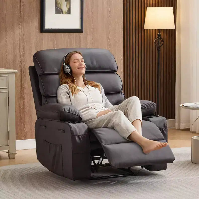 Fauteuil inclinable extra large en cuir PU pour adultes avec massage et chaleur, porte-gobelet, poches latérales, confort moelleux pour le salon et la chambre à coucher