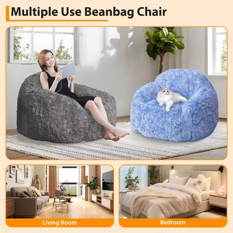 COZONY Fauteuil poire en fausse fourrure pour adulte - Doux et moelleux avec accoudoir, canapé paresseux en mousse haute densité pour la lecture, canapé de sol pour le salon