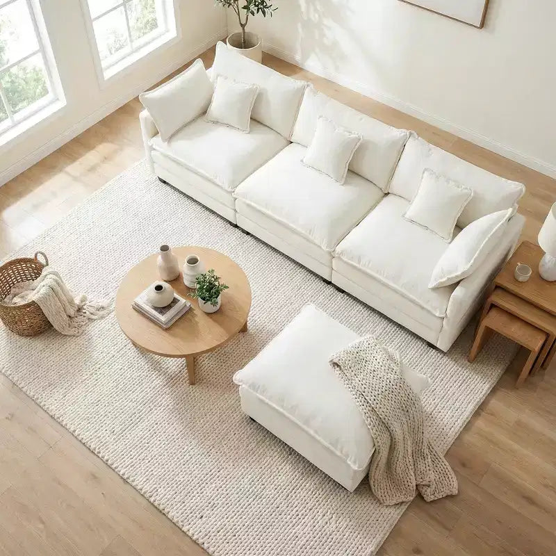 Canapé modulable 3 places Chenille - convertible avec pouf et poches latérales