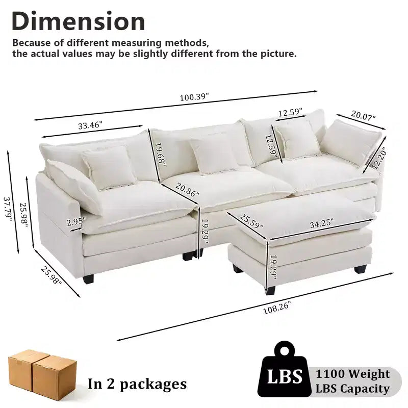 Canapé modulable 3 places Chenille - convertible avec pouf et poches latérales