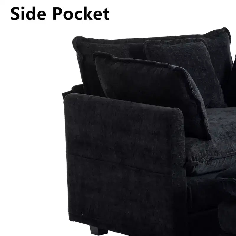 Canapé modulable 3 places Chenille - convertible avec pouf et poches latérales