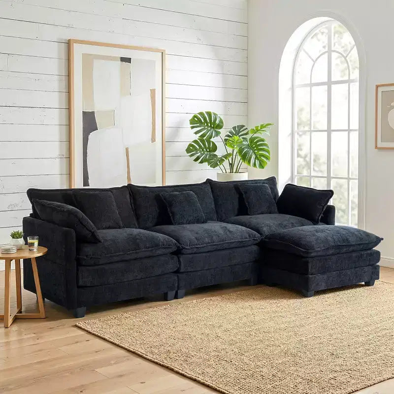 Canapé modulable 3 places Chenille - convertible avec pouf et poches latérales