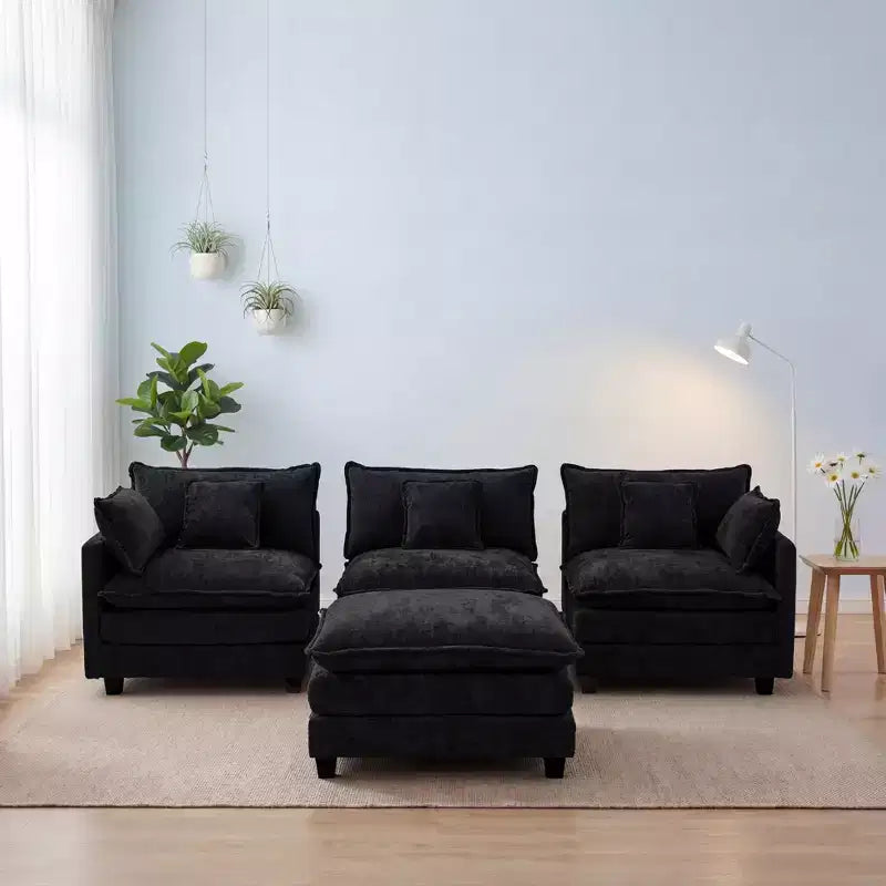 Canapé modulable 3 places Chenille - convertible avec pouf et poches latérales