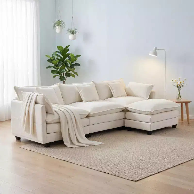Canapé modulable 3 places Chenille - convertible avec pouf et poches latérales