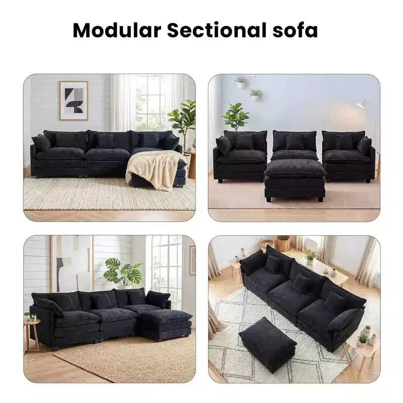 Canapé modulable 3 places Chenille - convertible avec pouf et poches latérales