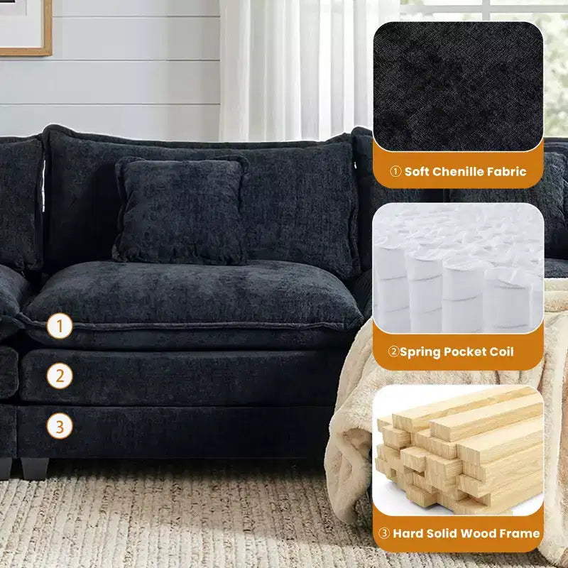 Canapé modulable 3 places Chenille - convertible avec pouf et poches latérales