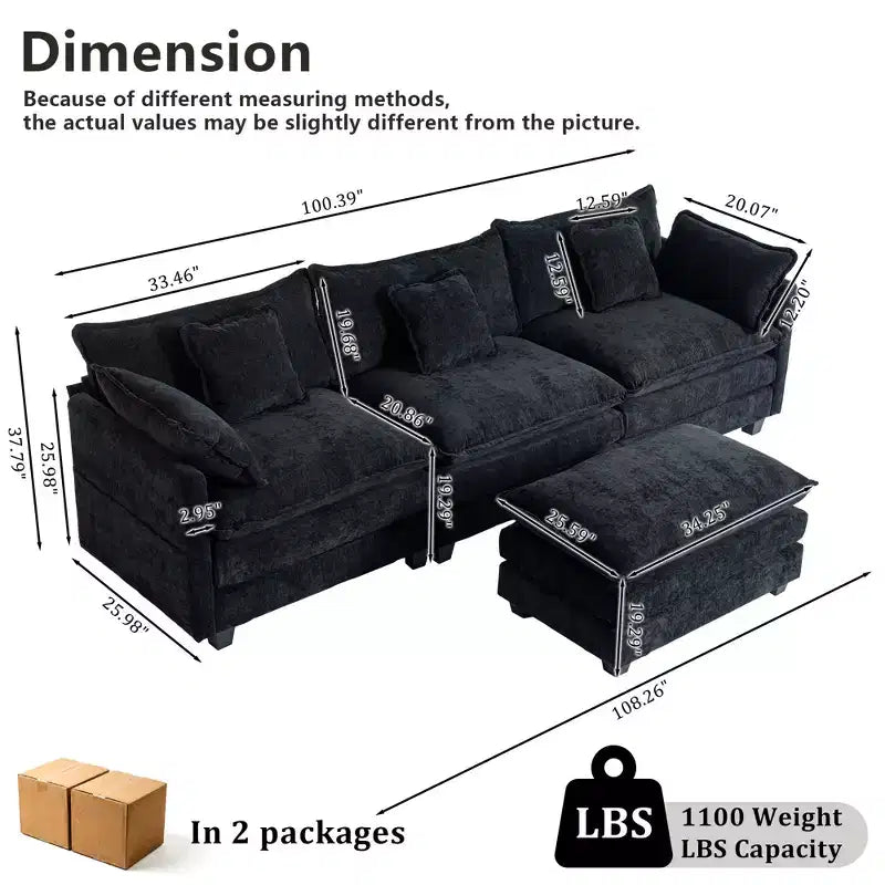 Canapé modulable 3 places Chenille - convertible avec pouf et poches latérales