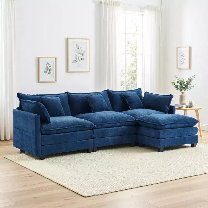 Canapé modulable 3 places Chenille - convertible avec pouf et poches latérales
