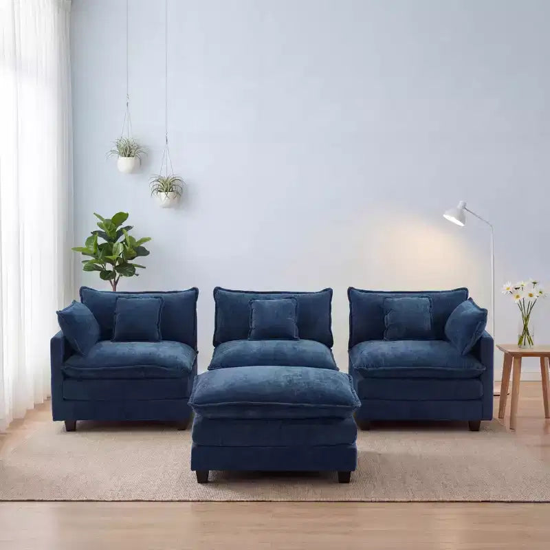 Canapé modulable 3 places Chenille - convertible avec pouf et poches latérales