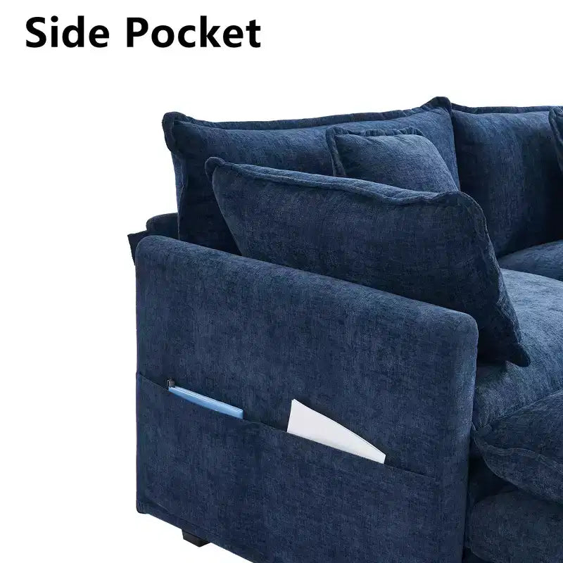 Canapé modulable 3 places Chenille - convertible avec pouf et poches latérales