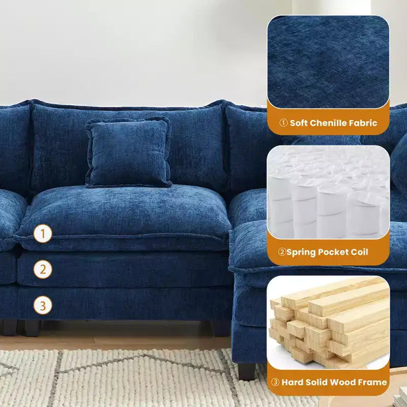Canapé modulable 3 places Chenille - convertible avec pouf et poches latérales