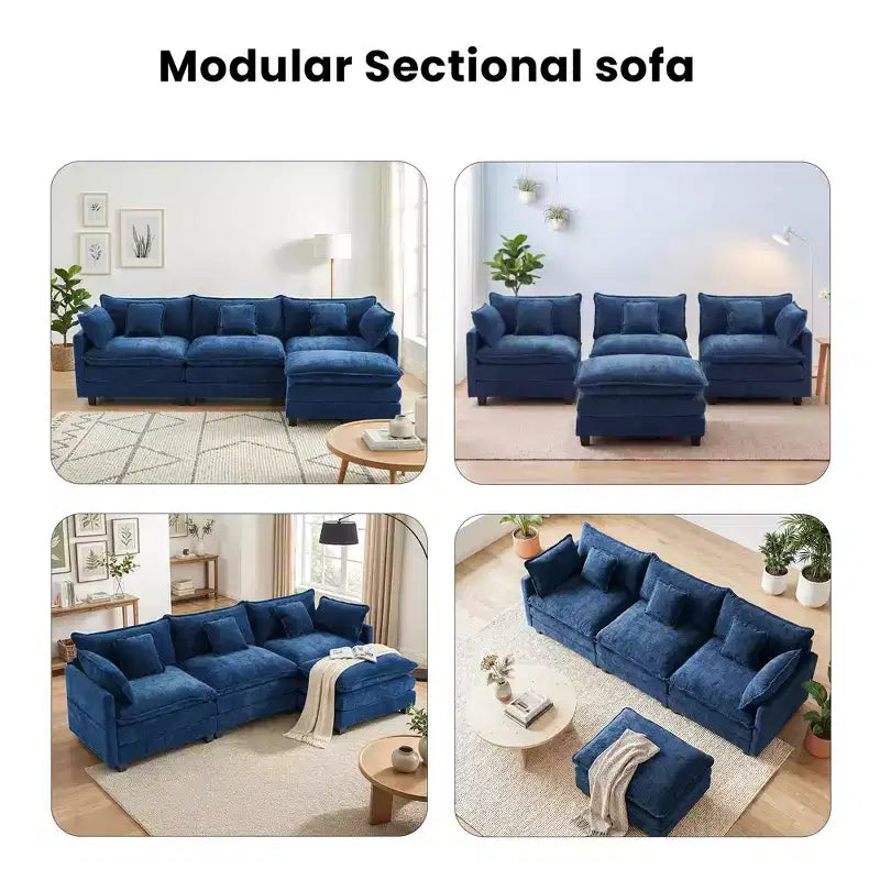 Canapé modulable 3 places Chenille - convertible avec pouf et poches latérales