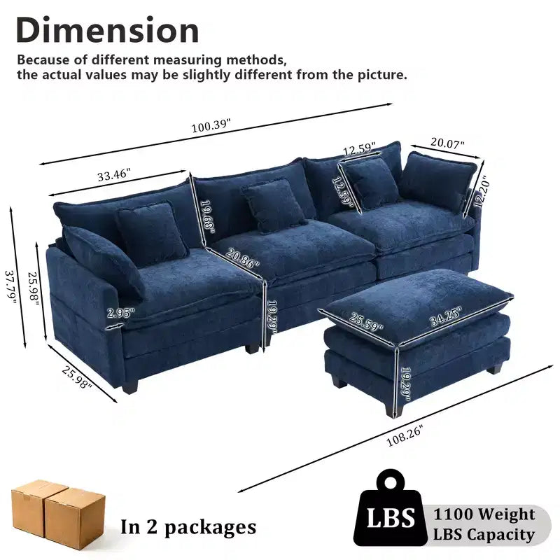 Canapé modulable 3 places Chenille - convertible avec pouf et poches latérales