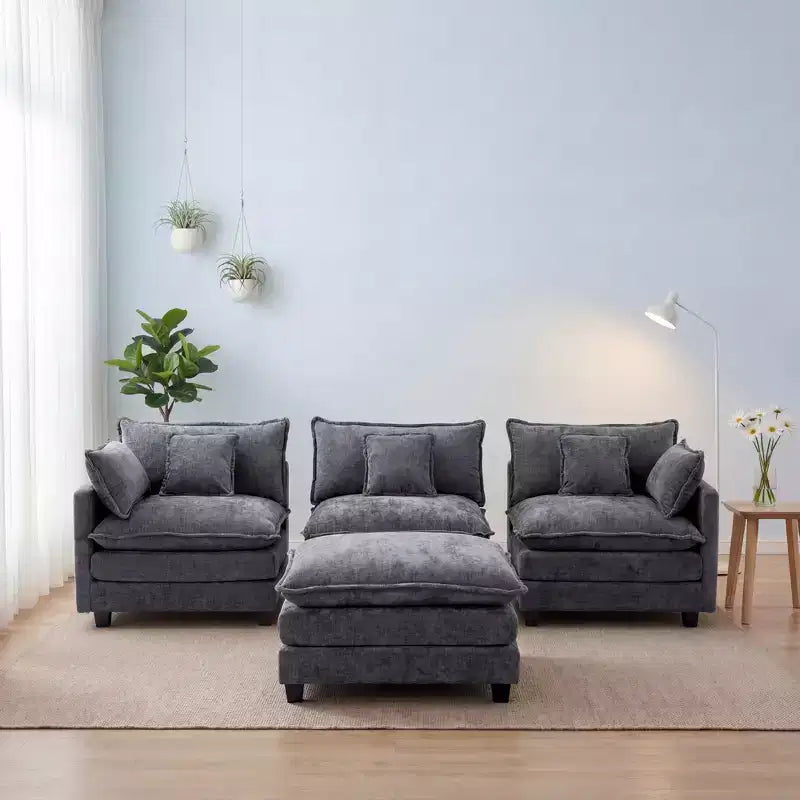 Canapé modulable 3 places Chenille - convertible avec pouf et poches latérales