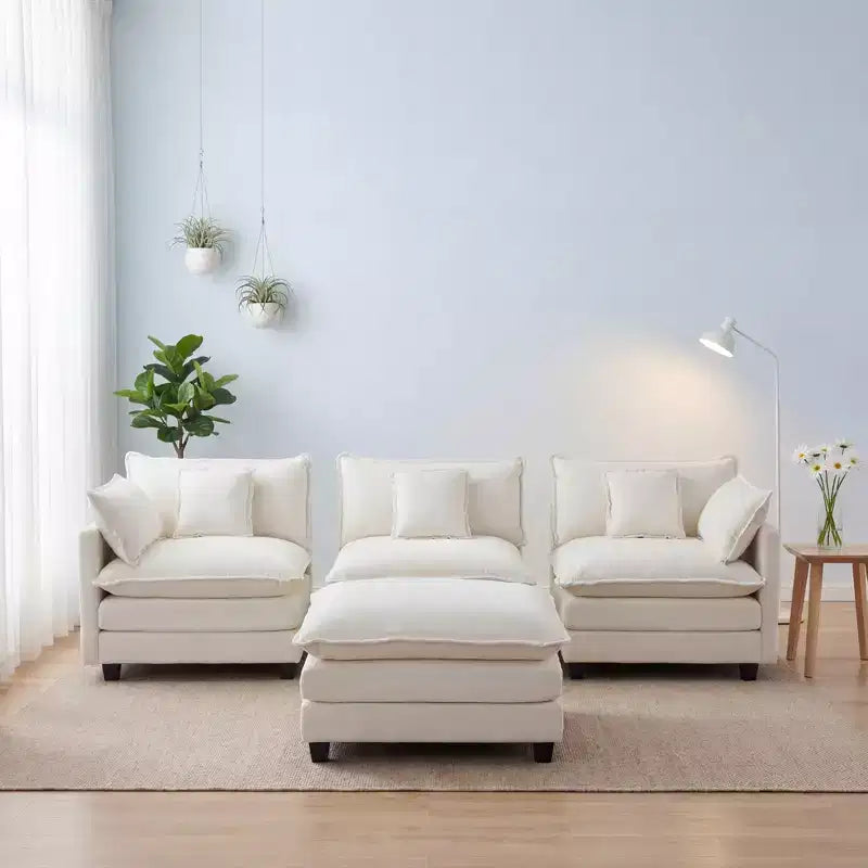 Canapé modulable 3 places Chenille - convertible avec pouf et poches latérales
