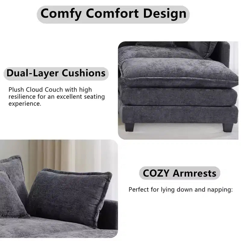 Canapé modulable 3 places Chenille - convertible avec pouf et poches latérales