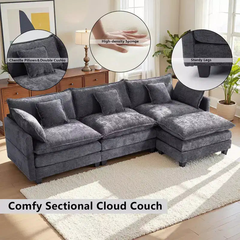 Canapé modulable 3 places Chenille - convertible avec pouf et poches latérales