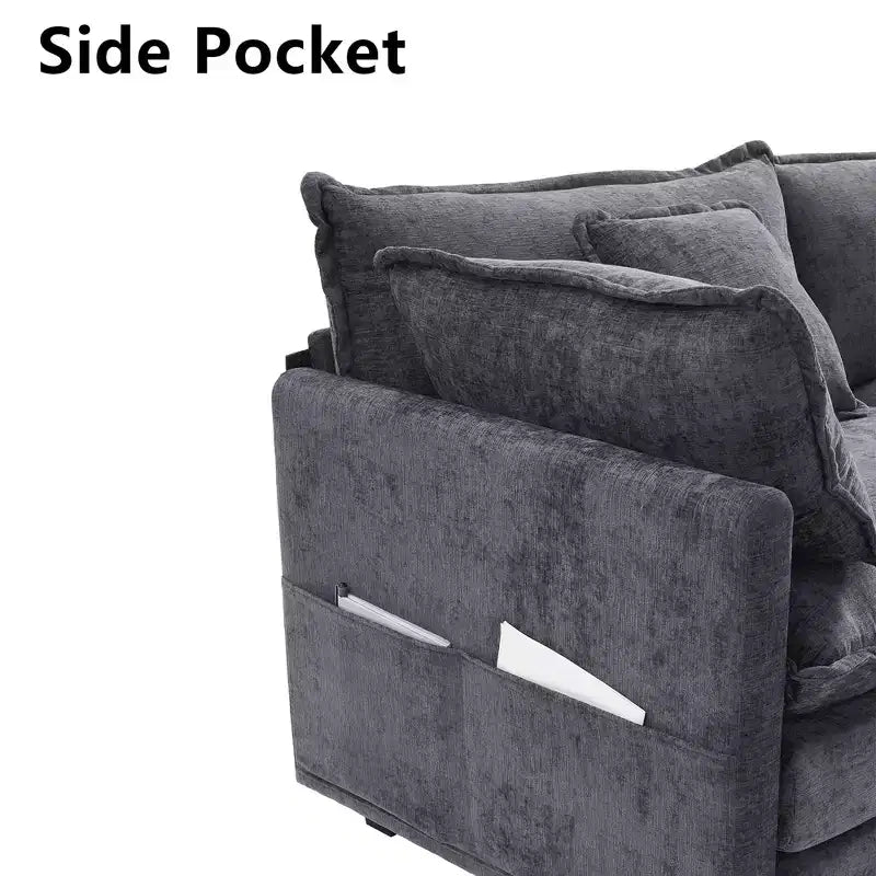 Canapé modulable 3 places Chenille - convertible avec pouf et poches latérales
