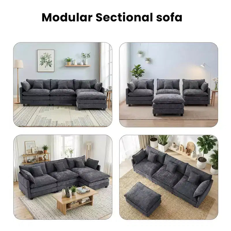 Canapé modulable 3 places Chenille - convertible avec pouf et poches latérales