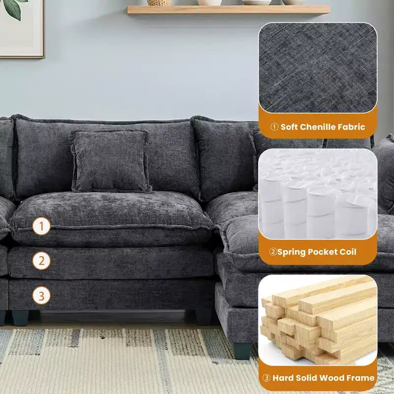 Canapé modulable 3 places Chenille - convertible avec pouf et poches latérales