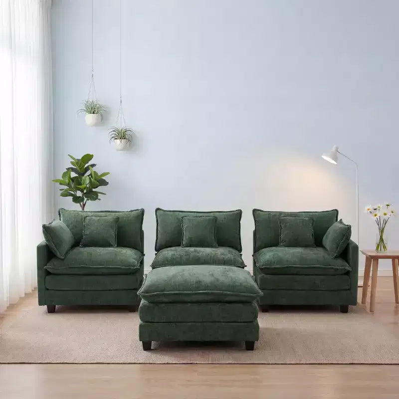 Canapé modulable 3 places Chenille - convertible avec pouf et poches latérales