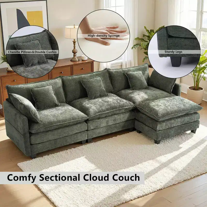 Canapé modulable 3 places Chenille - convertible avec pouf et poches latérales