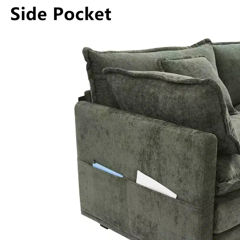 Canapé modulable 3 places Chenille - convertible avec pouf et poches latérales