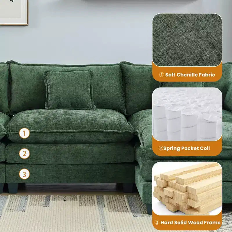 Canapé modulable 3 places Chenille - convertible avec pouf et poches latérales