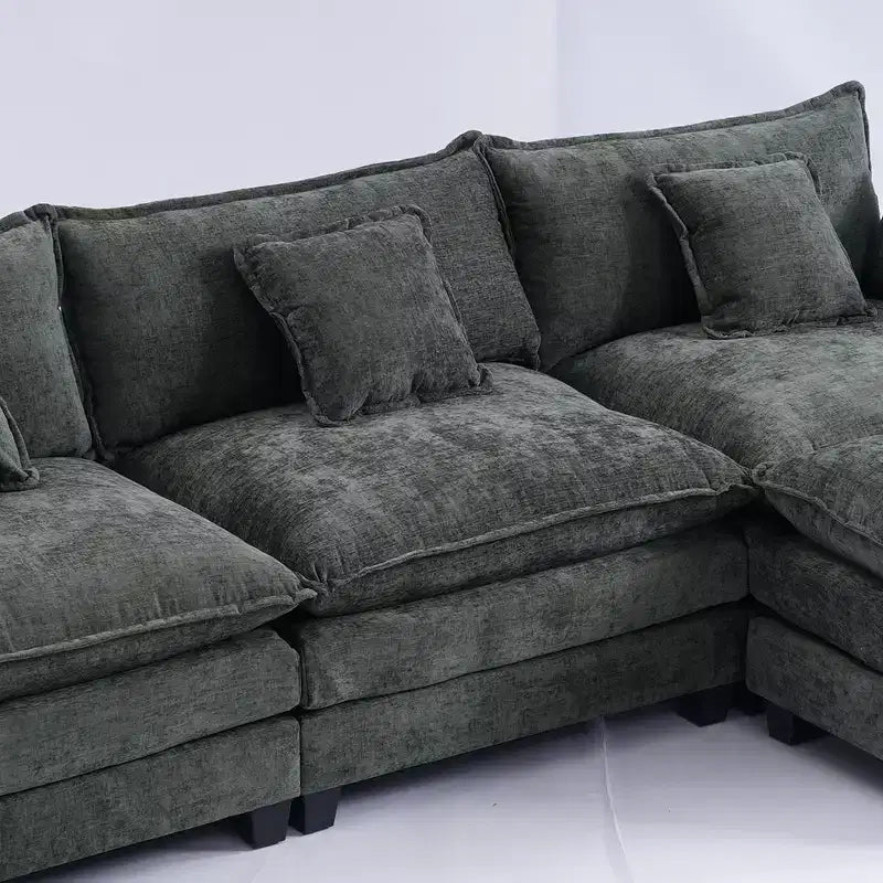Canapé modulable 3 places Chenille - convertible avec pouf et poches latérales