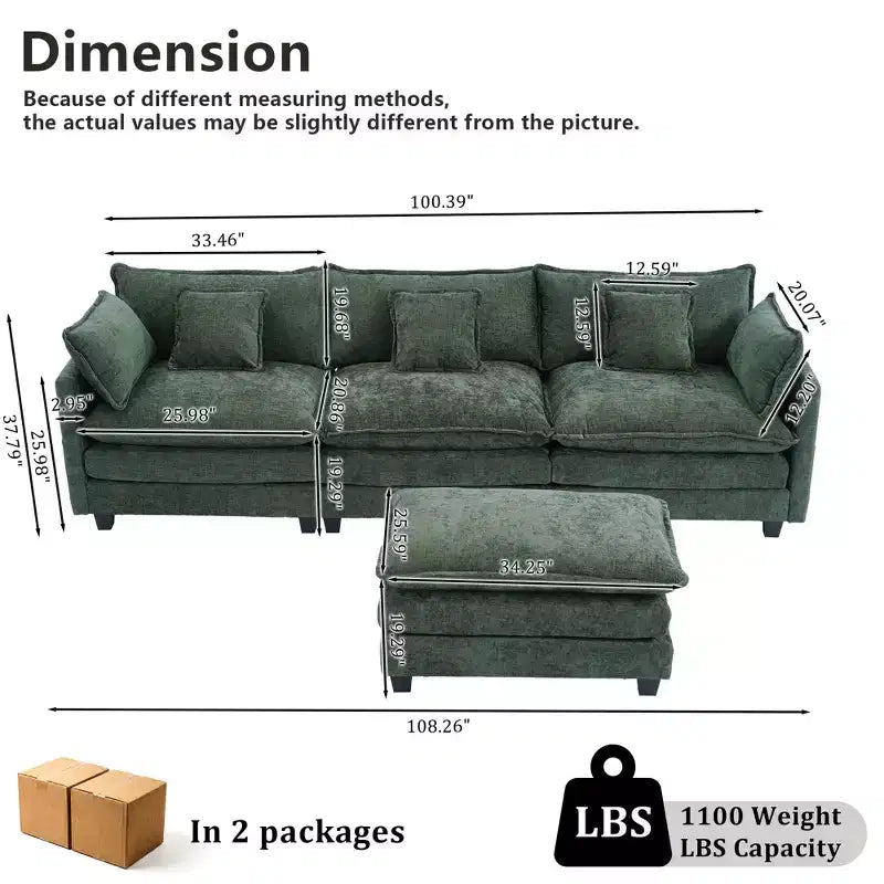 Canapé modulable 3 places Chenille - convertible avec pouf et poches latérales